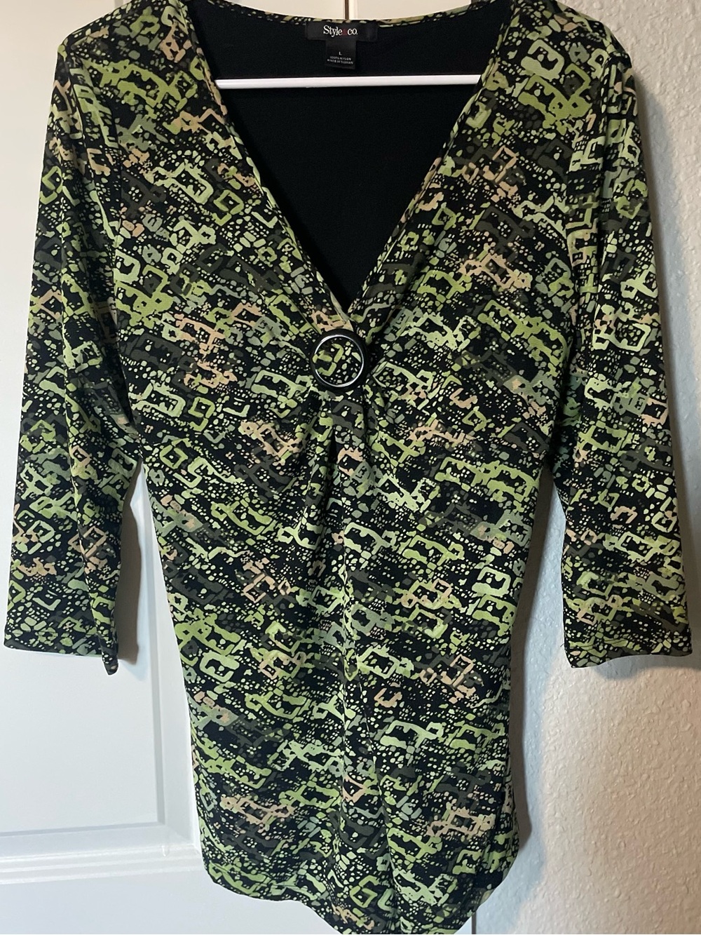 Style & Co Black and Green Geometric V-Neck Tunic with Ring Detail